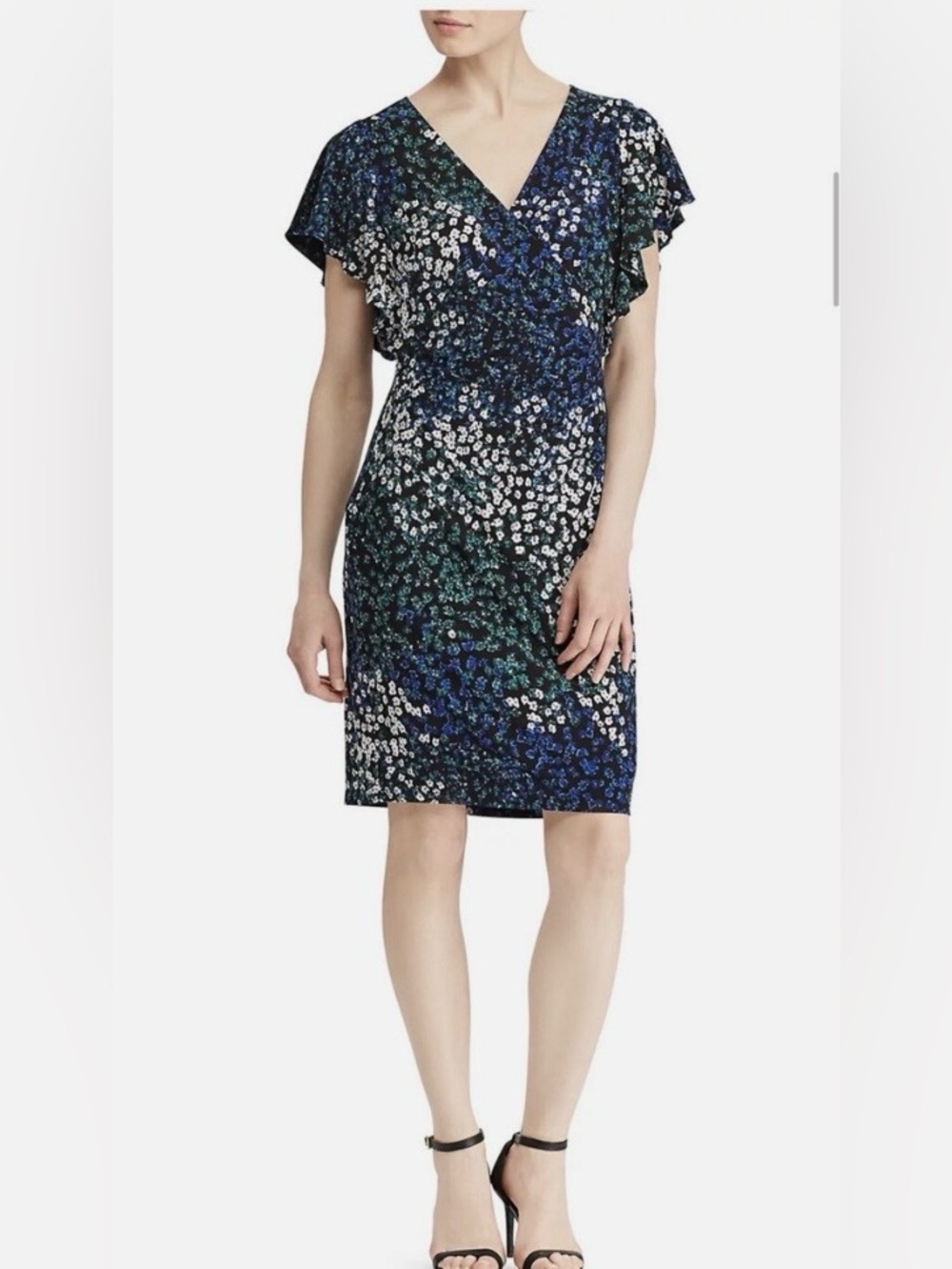 Lauren Ralph Lauren feminine faux-wrap black floral dress.